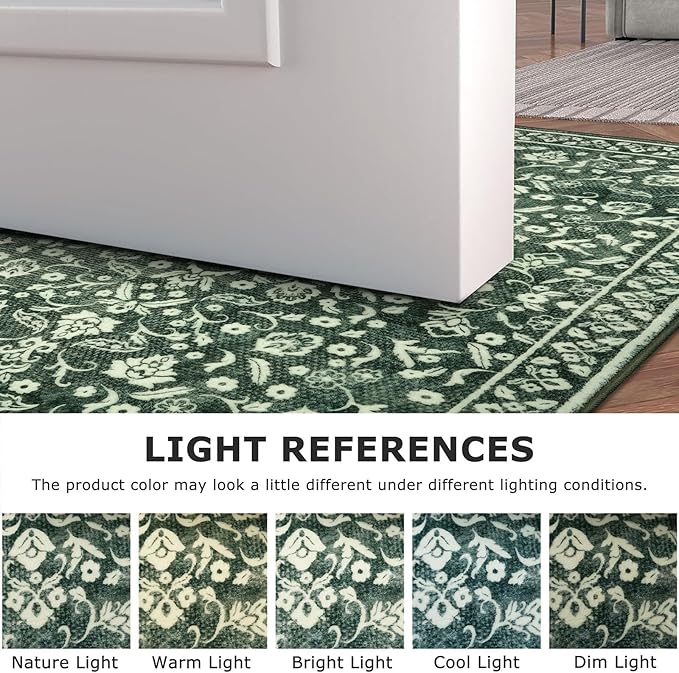 Vintage 2x7 Runner Rug, Forest Green Washable Runners for hallways, Super Soft Kitchen Runner Rug Non Slip, Print Faux Wool Floral Thin Carpet Runner for Entryway Indoor Bedside Runner