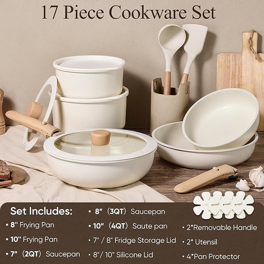 CAROTE 17pcs Pots and Pans Non Stick, Cookware Sets Detachable Handle, Induction Kitchen Pots and Pans,NonStick Cooking Set, Oven/Dishwasher/Fridge Safe, Space Saving