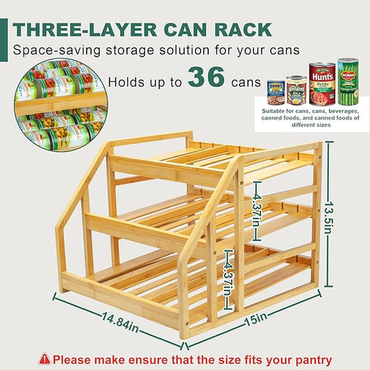 MinBoo Bamboo Can Rack Organizer, Kitchen Pantry Storage, 36 Can Capacity, Tilt Design