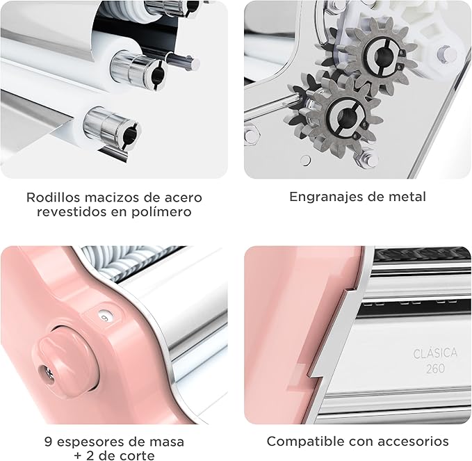 PASTALINDA Classic 260 Pasta Maker Machine, 26 cm Wide Rollers, 9 Thickness Positions, 2 Cutting Positions, Stainless Steel. Includes Reinforced Hand Crank And Two Clamps (Pink)