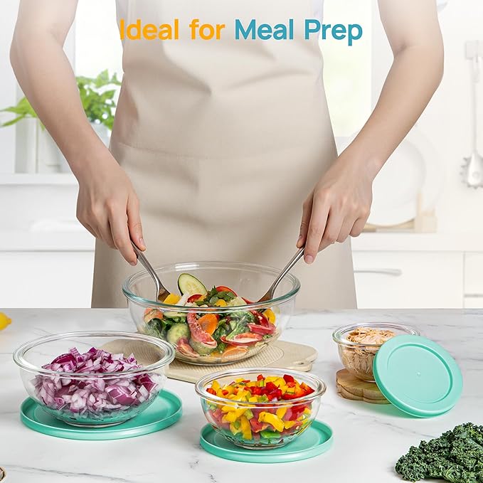 Vtopmart 5 Pack Glass Mixing Bowls with Plastic Lids Set (3.75/2.1/1.1/0.5/0.2 QT), Salad Bowl Set, Nesting Kitchen Bowls for Serving, Prepping, Cooking and Baking, Dishwasher & Microwavable Safe