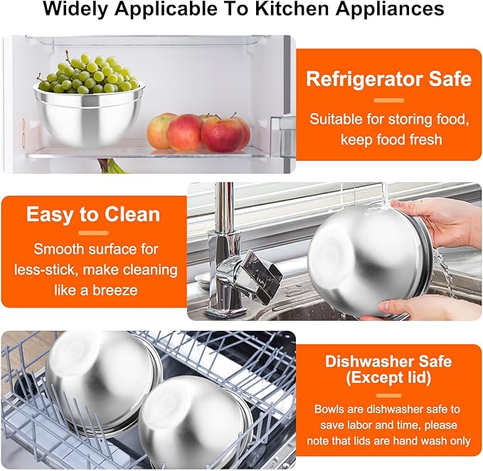 TeamFar Mixing Bowls with Airtight Lids, 5PCS Stainless Steel Metal Salad Bowl with 3 Grater Attachments, for Cooking, Prepping, Serving, Healthy & Easy Clean - 0.7/1/1.5/2.6/4.6QT, Black