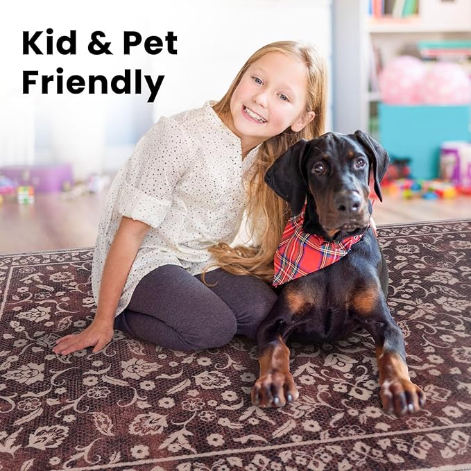 Vintage Entryway Rug Indoor, Deep Burgundy Washable Rug 2x3, Small Area Rug with Non-Slip Backing, Floral Print, Thin Faux Wool Super Soft Door Mat for Kitchen, Entrance, Bedroom, Office