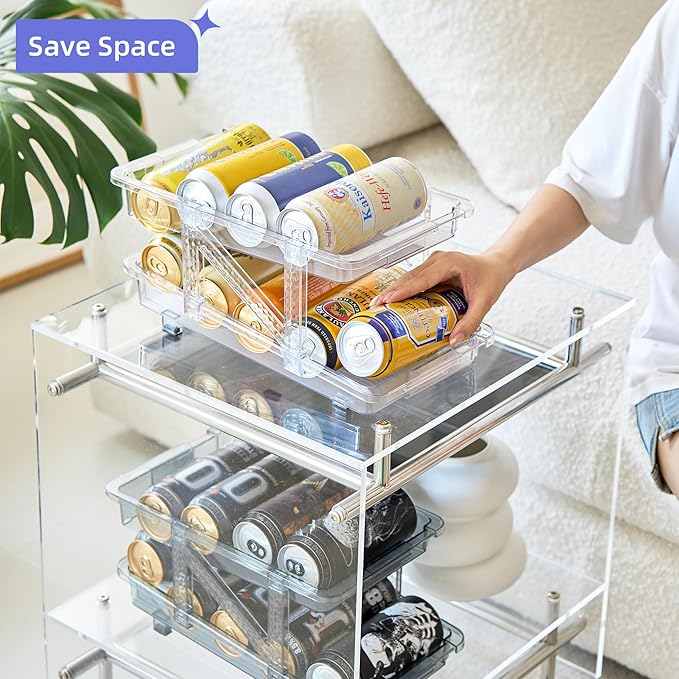 Soda Can Dispenser Organizer for Refrigerator and Pop Can Holders Drink Storage Wide Adjustable (2-Pack Clear)