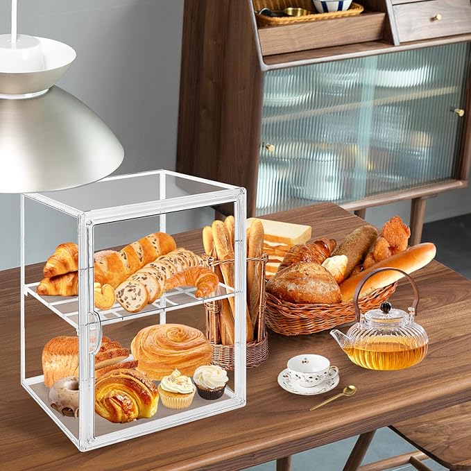 2 PACK Large Clear Bread Box for Kitchen Countertop 4 Layers Acrylic Pastry Display Case Bakery Storage Container with Magnetic Door Bread Keeper for Homemade Cookie Cupcake Muffins Bagel