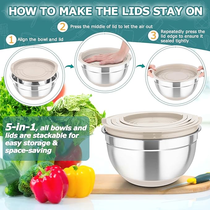 TeamFar Mixing Bowls, 5PCS Stainless Steel Nesting Salad Bowl with Lid & 3 Grater Attachments, for Prepping/Serving/Storing Food, Nontoxic, Airtight Lid & Non-slip Bottom - 4.6/3.5/2.5/1.5/1 QT