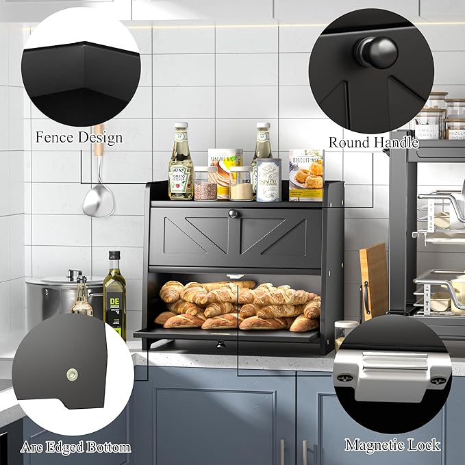 Bread Box for Kitchen Countertop, Double Layer Wooden Breadbox, Large Capacity Bread Storage Bin, Homemade Bread Storage Container, Farmhouse Breadbox Organizer, Black