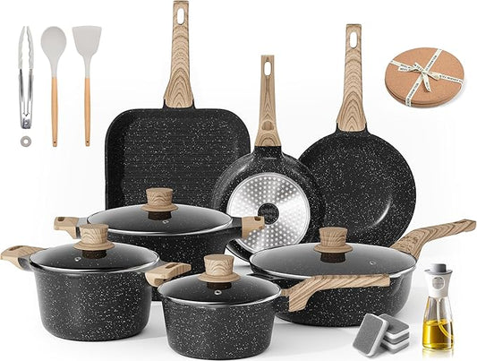 Caannasweis Pots and Pans Set, Nonstick Kitchen Cookware Sets, Granite Pot and Pan, Cooking Pans Pots Set (Classic Black, 20 Piece Cookware set)