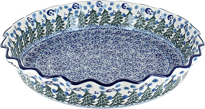 Blue Rose Polish Pottery - Blue Evergreen Magic Pie Plate - 10" Diameter - Ceramic Baking Dish, For Pies, Quiches & Desserts