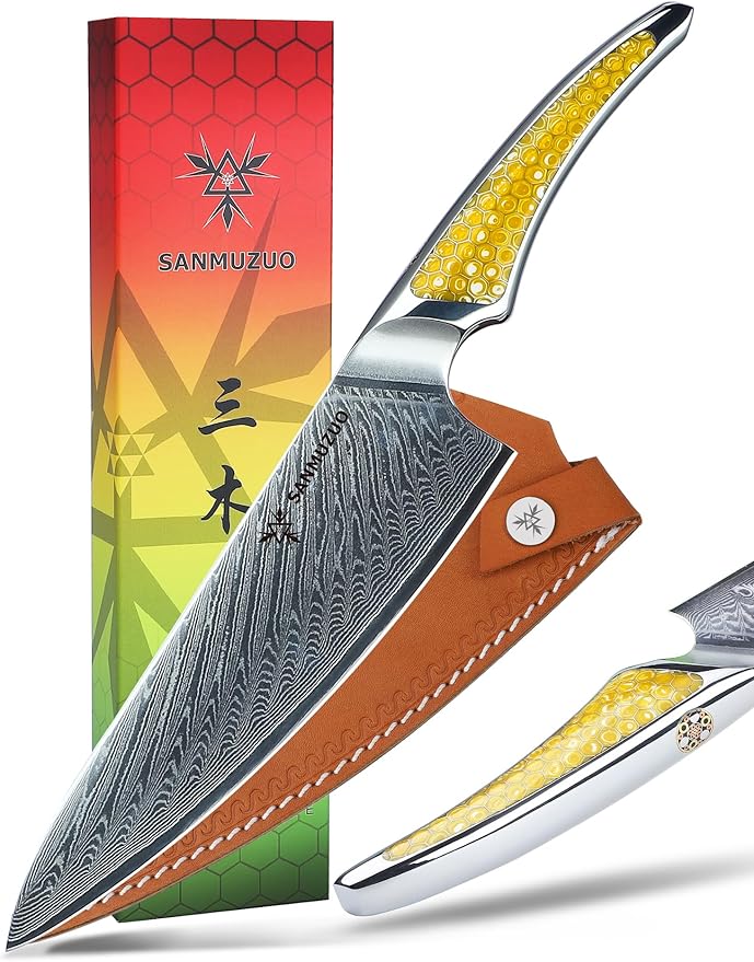 8 inch Chef Knife, Japanese VG-10 Damascus Steel Kitchen Knife, Ultra Sharp Cooking Knife with Full-tang Handle in Yellow Resin, LA-S9 Series