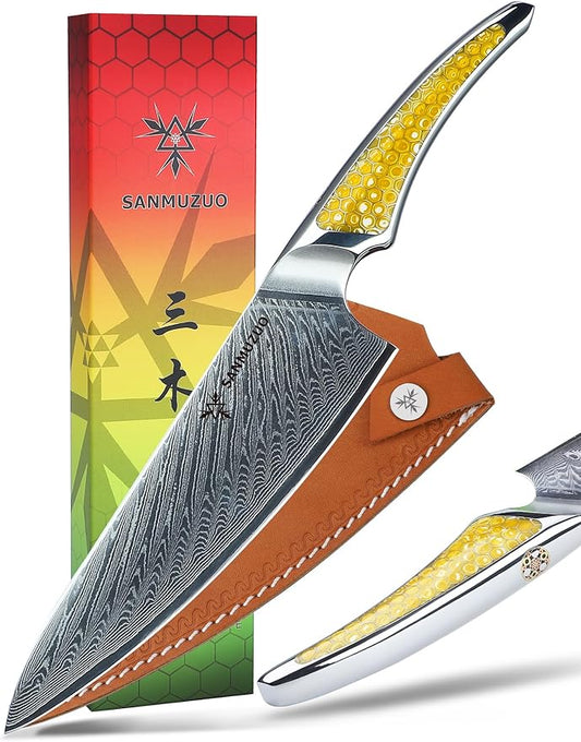 8 inch Chef Knife, Japanese VG-10 Damascus Steel Kitchen Knife, Ultra Sharp Cooking Knife with Full-tang Handle in Yellow Resin, LA-S9 Series