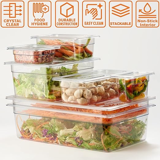 CURTA 6 Pack NSF Food Pans, 1/9 Size 2 1/2 Inch Deep, Commercial Polycarbonate Plastic Clear Freezer-Safe