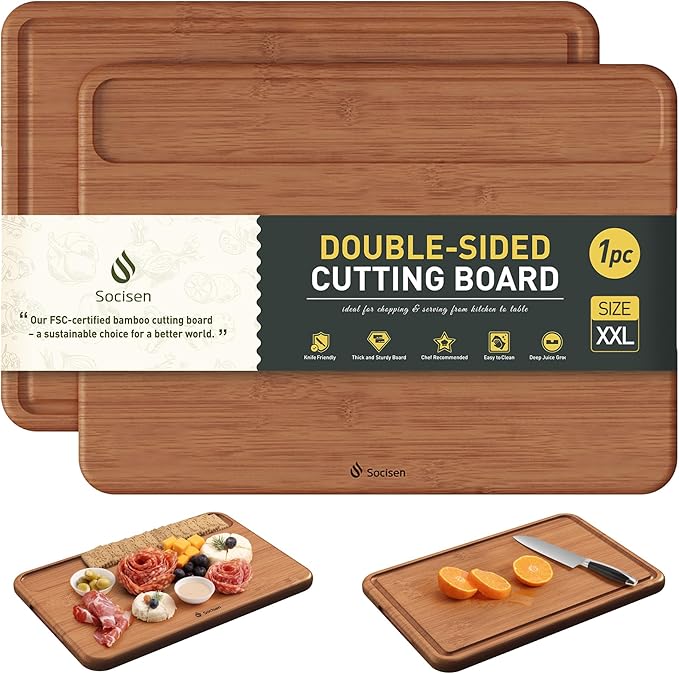 Extra Large Bamboo Cutting Board Over Sink Butcher Block Chopping Board Wooden Cutting Boards Solid Thick Juice Groove Big Xl XXl xlarge Kitchen Counter Organic Meat BBQ Kit(19.5" x 14" x 0.8")