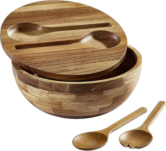 Wooden Salad Bowl, Salad Bowls, Large Salad Bowl with Serving Utensils, Big Mixing Bowl for Fruits, Salad, Cereal, Corn flake, Pasta 11.8" Diameter x 5.34" Height