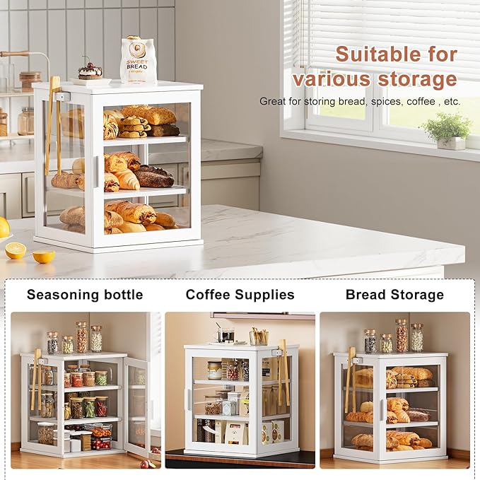 WOWLIVE Bread Box for Kitchen Countertop, Large 3 Layers Bread Storage Container for Homemade Bread with Window, Farmhouse Breadbox Organizer for Kitchen, Cabinet, Pantry (White, Extra Large)