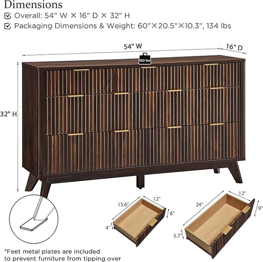 T4TREAM Fluted 7 Drawers Dresser, 54" Wide Modern Chest of Drawers, Curved Profile Design, Dresser TV Stand, Wood Drawer Organizer for Bedroom, Living Room, Hallway, Dark Walnut