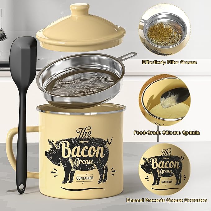 Bacon Grease Container With Strainer, 46OZ Large Enamel Grease Container, With Silicone Spatula, Farmhouse Bacon Grease Keeper, Cooking Oil Container For Kitchen Fat Storage, Dishwasher Safe-Beige