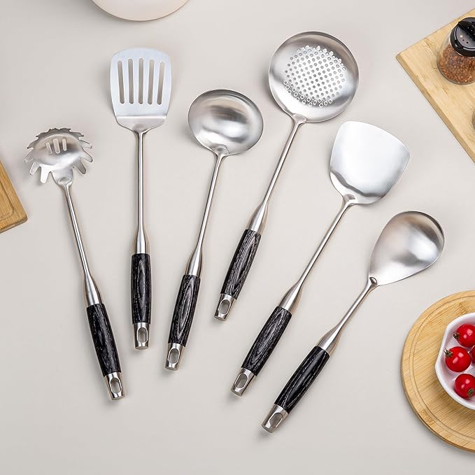FJNATINH Kitchen Utensils Set - Wok Utensil - Wok Tools - 6 Pieces Ebony Wooden Handle Cooking Tools with Wok Spatula, Soup Ladle, Skimmer Spoon, Slotted Spatula Turner, Spaghetti Server, Solid Spoon