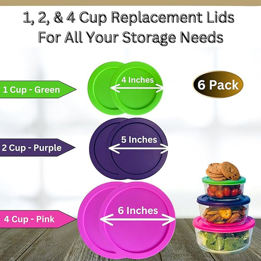1, 2 & 4 Cup Round Plastic Replacement Lids for Pyrex, Anchor Hocking & KlareWare *Containers Not Included* (Spring Green, Purple, Pink, 6-Pack)