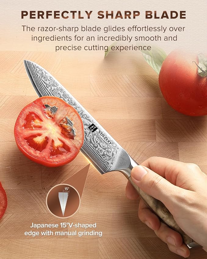 XINZUO 5.2-inch Damascus Steel Petty Knife,67-layer Steel,Perfect for Cutting Fruit and Vegetables Peeling Multipurpose Kitchen Knife with Figured Sycamore Handle