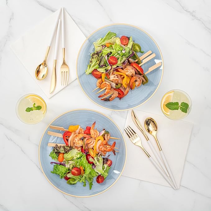 Restaurantware Plastic Plates 20 Pcs 10" Gold Rimmed Disposable Plates Heavy-Duty Blue Translucent Rippled Plastic Dinner Servers for Party, Weddings, Salads, Desserts, and Appetizers