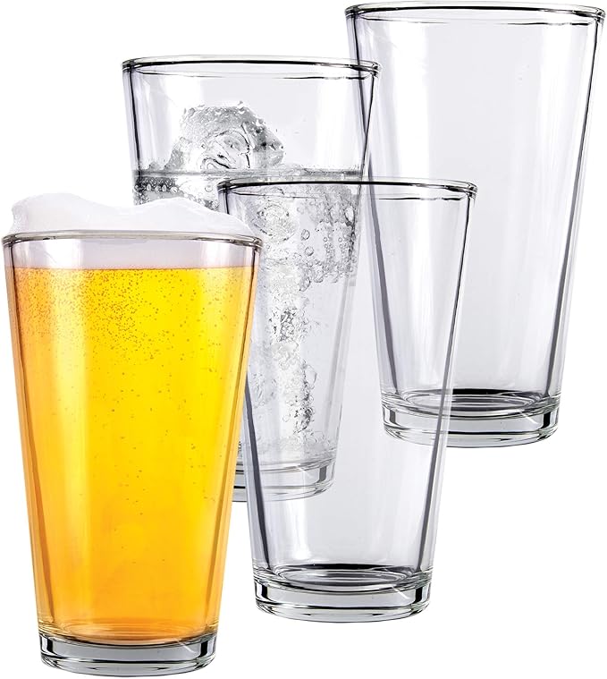 Pint Beer Glasses Set of 4 – 16 oz Tall Clear Drinking Glasses and All Purpose Tumblers – Heavy Base Cocktail, Water, Juice Glass – Pub Style Design For Home Dining, Bars, and Parties