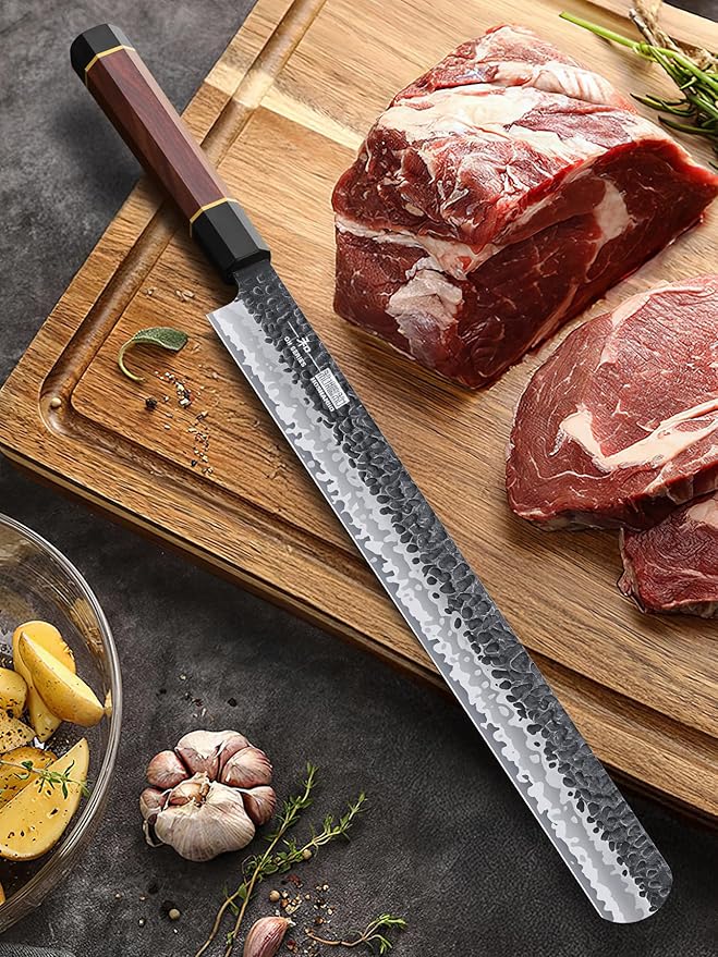 12 Inch Brisket Slicing Knife, Japanese Carving Knife for Meat Cutting and BBQ, Hand Forged Razor Sharp Slicing Knives with Ergonomic Octagonal Handle