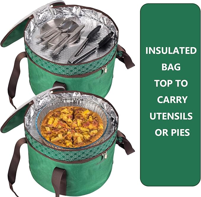 2 Pack Pie Carrier with Lids and Handles, Loadable Cupcake or Pizza Storage Containers, Includes Insulated Bags and Insulated Non-Slip Pads, Perfect for Transportation (Green)