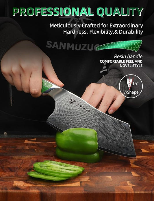 7 inch Nakiri Knife, Japanese VG-10 Damascus Steel Meat Cleaver, Ultra Sharp Vegetable Knife with Full-tang Handle in Green Resin, LA-S9 Series
