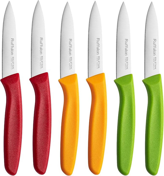 Paring Knife Fruit Knife Set (6 Pieces), Ultra Sharp Stainless Steel Vegetable and Fruit Knife with PP Plastic Ergonomic Handle for Cutting Fruits and Vegetables,Red/Orange/Green