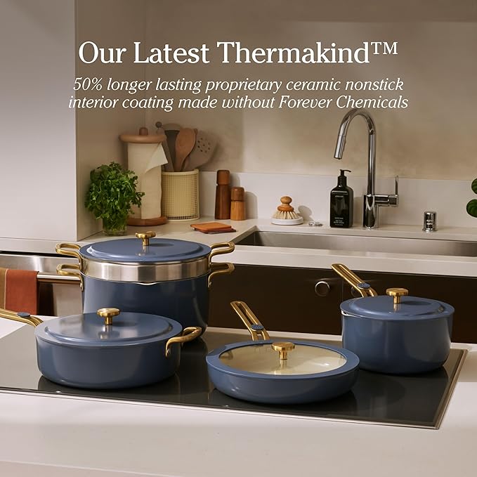 Our Place Essential Cookware Set – 11-Piece Ceramic Nonstick Set with 25cm Frypan, Saucepan, Saute Pan, Stock Pot, Storage Racks and Strainer with Thermakind™ | Oven Safe up to 230°C | Blue Salt