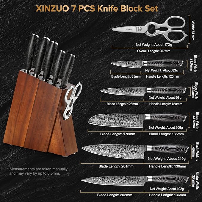 XINZUO Kitchen Knife Block Set,7-Piece Damascus Cooking Knife Set with Kitchen Shears for Professional Chefs and Home Cooking,Pakkawood Handle, Gift Box