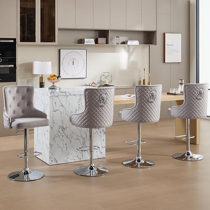 Velvet Lion Bar Stools Set of 6, Modern Height Adjustable Swivel Barstools with Chrome Base, Tufted Counter Height Bar Stools Upholstered Bar Chairs for Kitchen Island, Dining Room, Grey