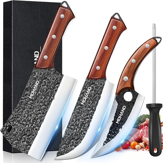 MDHAND Butcher Knife Set, 4PCS Butcher Cleaver Knife Set for Meat Cutting, Hand Forged Viking Knives Sets with Meat Cleaver, Heavy-Duty Kitchen Knives Sets for Bone BBQ Vegetable, Knives Gift for Men