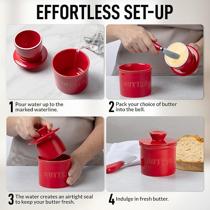 Zulay Kitchen Porcelain Butter Crock With Lid & Knife - Authentic French Butter Dish For Fresh & Spreadable Butter - Red