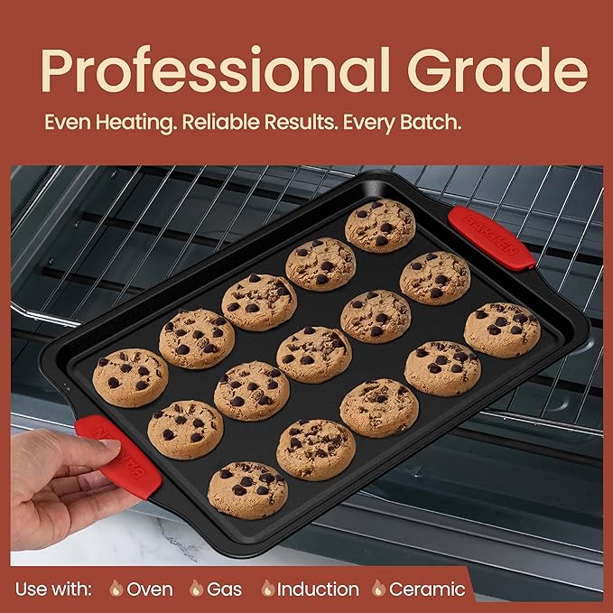 Baking Set – 6 Piece Kitchen Oven Bakeware Set – Deluxe Non-Stick Black Coating Inside and Outside – Carbon Steel – Red Silicone Handles – PFOA PFOS and PTFE Free by Bakken