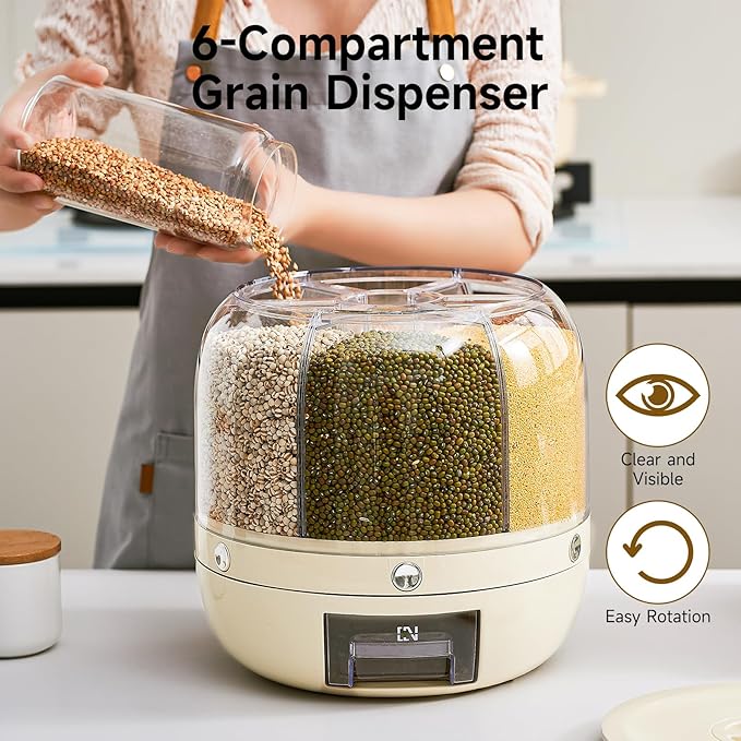 Rice Dispenser | 360° Rotating Grain Storage Bin - 6 Grids, 20LBS Large Capacity Food Container, Moisture-Proof, One-Click Output for Rice, Beans & Pet Food - Kitchen Pantry Organizer