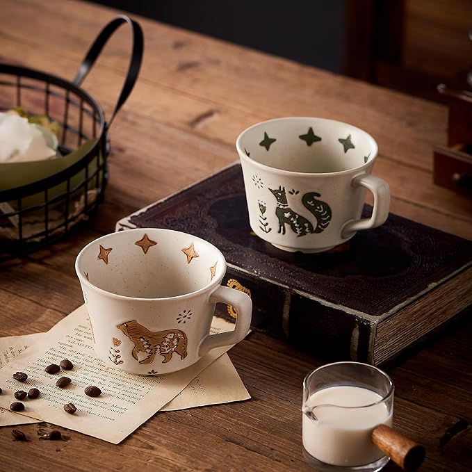 12oz Vintage Ceramic Coffee Mug Set of 4 - Handmade Stoneware Pottery Countryside Farmhouse Fall Autumn Tea Mugs with Big Handle for Latte,Cocoa,Dishwasher & Microwave Safe Cups (Animals)