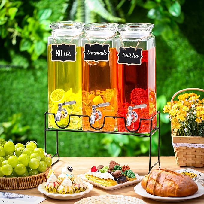 3 Pack 80 oz Tall Glass Drink Dispenser with Stand, Lid, Label and Stainless Steel Leakproof Spigot Beverage Water Dispenser Clear Mason Jar for Party Fridge(Square)
