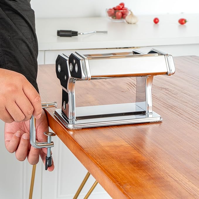 Met Lux Pasta Maker Machine, 1 Pasta Maker With 2 Cutter Attachments - 9 Adjustable Thickness Settings, 5 Piece Set, Stainless Steel Manual Machine, For Fettuccine, Spaghetti