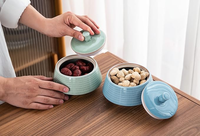 Retro Kitchen Ceramic Canister, 13.53 FL OZ (400 ML) Vintage Food Storage Jar for Tea, Coffee Beans, Herb, Candy, Spices, Nuts (Blue(ICE))