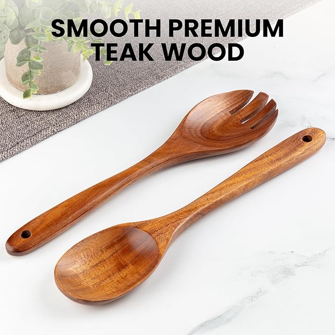 Zulay Kitchen Teak Wood Utensil Set โ 2 Piece Large Wooden Salad Serving Spoon and Fork, Handcrafted Natural Teak Wood Kitchen Utensils, Durable, Nonstick Safe & Smooth Finish