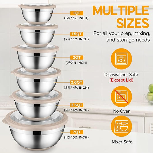 Onader Mixing Bowls with Lids Set of 6, Large Metal Nesting Mixing Bowls, Stainless Steel Non-Slip Salad Bowl Khaki – Size 1, 1.5, 2, 2.6, 3.5, 7QT