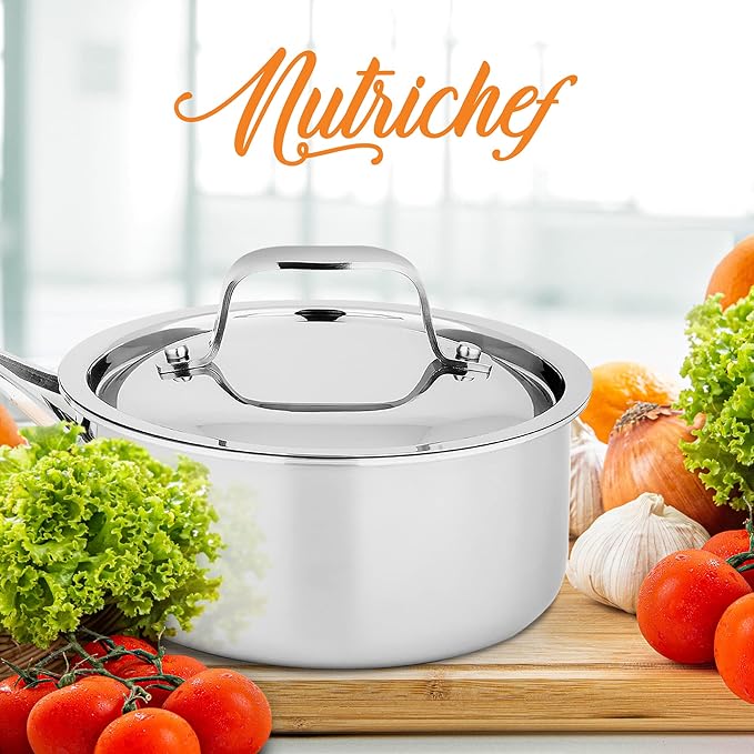 NutriChef Stainless Steel Saucepan Lid - Sturdy and Durable Stain-Resistant 1.5 Quart Kitchen Cookware Saucepot Lid w/ Handle - Works w/ Kitchenware Pots & Pans Set Model NCSSX45