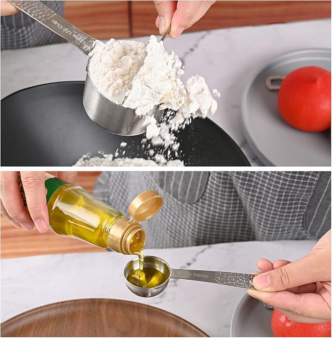 Measuring Spoons Set, 18/8 Stainless Steel Measuring Spoons Set for Dry&Liquid, Metal Metric & US Measuring Spoon with 1 Leveler and Locking Ring for Kitchen & Baking