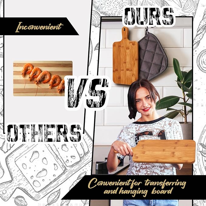 Nuenen 10 Pcs Wood Cutting Board with Handle 15.7 x 7.8 Inch Acacia Bamboo Wooden Serving Kitchen Chopping Boards for Pizza, Bread, Cheese, Charcuterie, Fruit, Vegetables (Carbonized Bamboo)