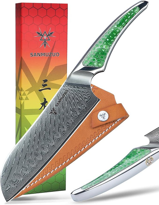 7 inch Santoku Knife, Japanese VG-10 Damascus Steel Chef Knife, Ultra Sharp Kitchen Knife with Full-tang Handle in Green Resin, LA-S9 Series