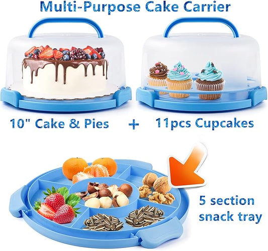Portable Cake Carrier with Handle, Round Cupcake Holder with Lid, Plastic Storage Container Box fit 10 inch Cake, 3-Locking Muffin and Pies Keeper with Cover (Blue)