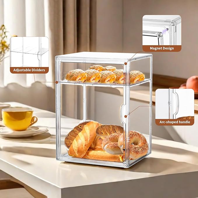 Bread Box for Kitchen Countertop Pastry Display Case 4 Layers Adjustable Clear Bread Storage Container with Magnetic Door Bread Box Bakery Display Case Bread Holder 2 Pack