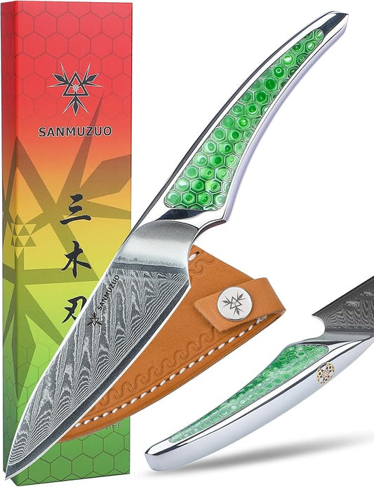 3.5 inch Paring Knife, Japanese VG-10 Damascus Steel Kitchen Knife, Ultra Sharp Fruit Knife with Full-tang Handle in Green Resin, LA-S9 Series